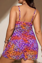 Plus Size Vacation Swimsuit Red Leopard Spring Summer V Neck Two Piece Swimsuit
