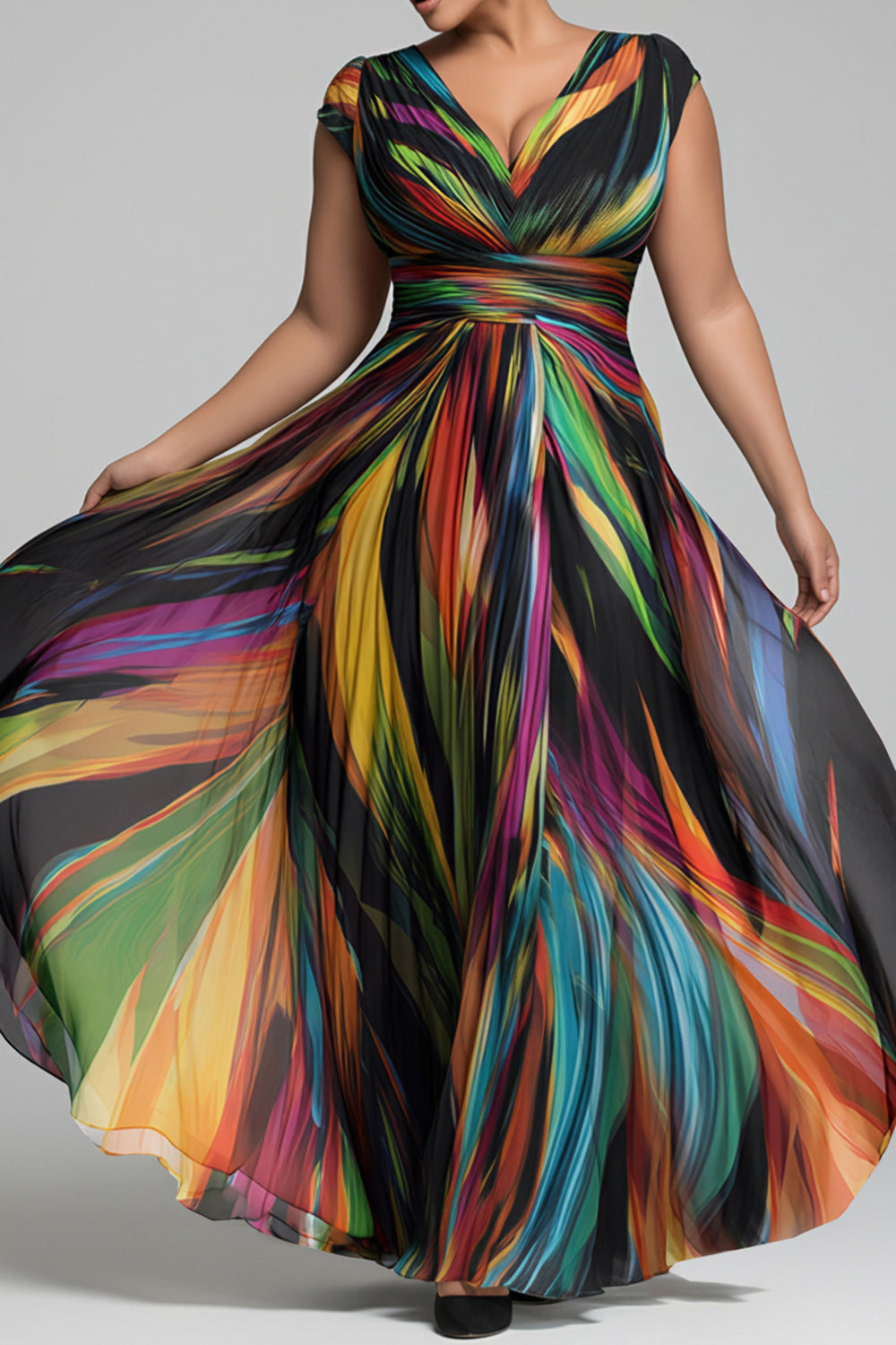 Xpluswear Design Plus Size Formal Elegant Multicolor Colorblock V Neck Short Sleeve Chiffon Maxi Dresses