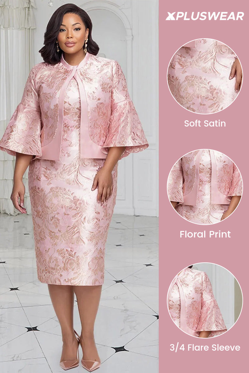Xpluswear Design Plus Size Formal Pink Floral Flare 3/4 Sleeve Bodycon Satin Two Piece Dress Set