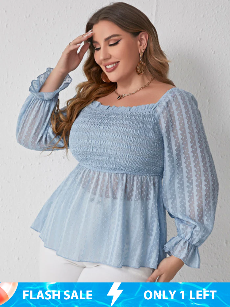 Plus Blue Square Neck Frill Trim Ruffle Blouse