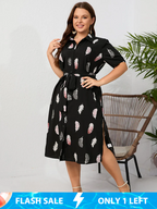 Plus Feather Floral Roll Collar Button Front Knot Side Slit Midi Dress
