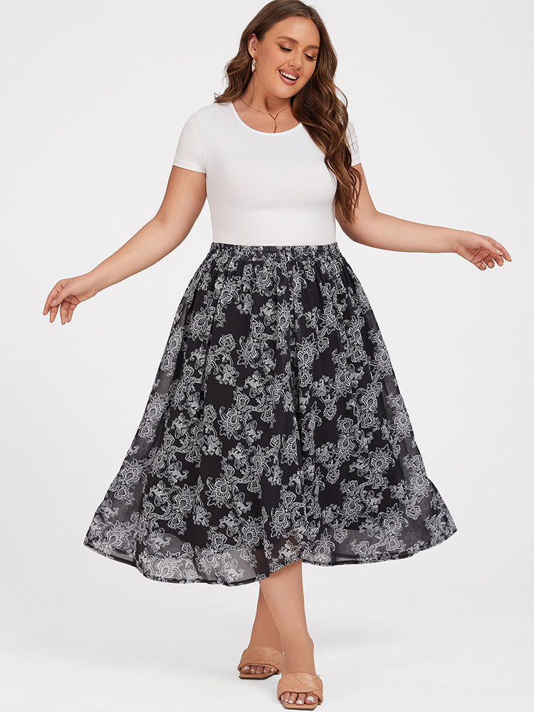 VIP Plus Black Floral Elastic Waist Skirt