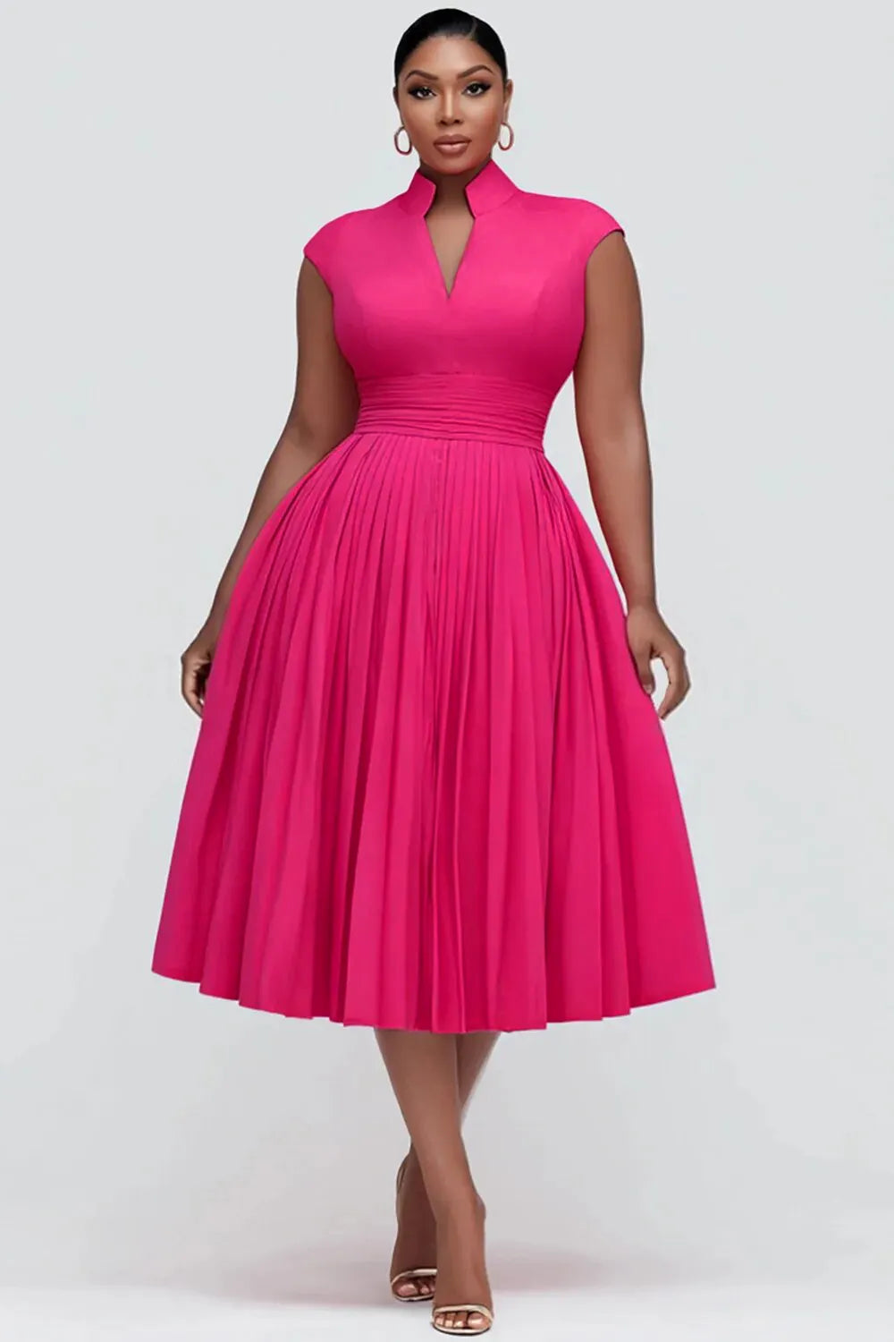 Xpluswear Design Plus Size Cocktail Party Hot Pink Stand-Up Collar Cap Sleeve Pocket Fold Midi Dresses