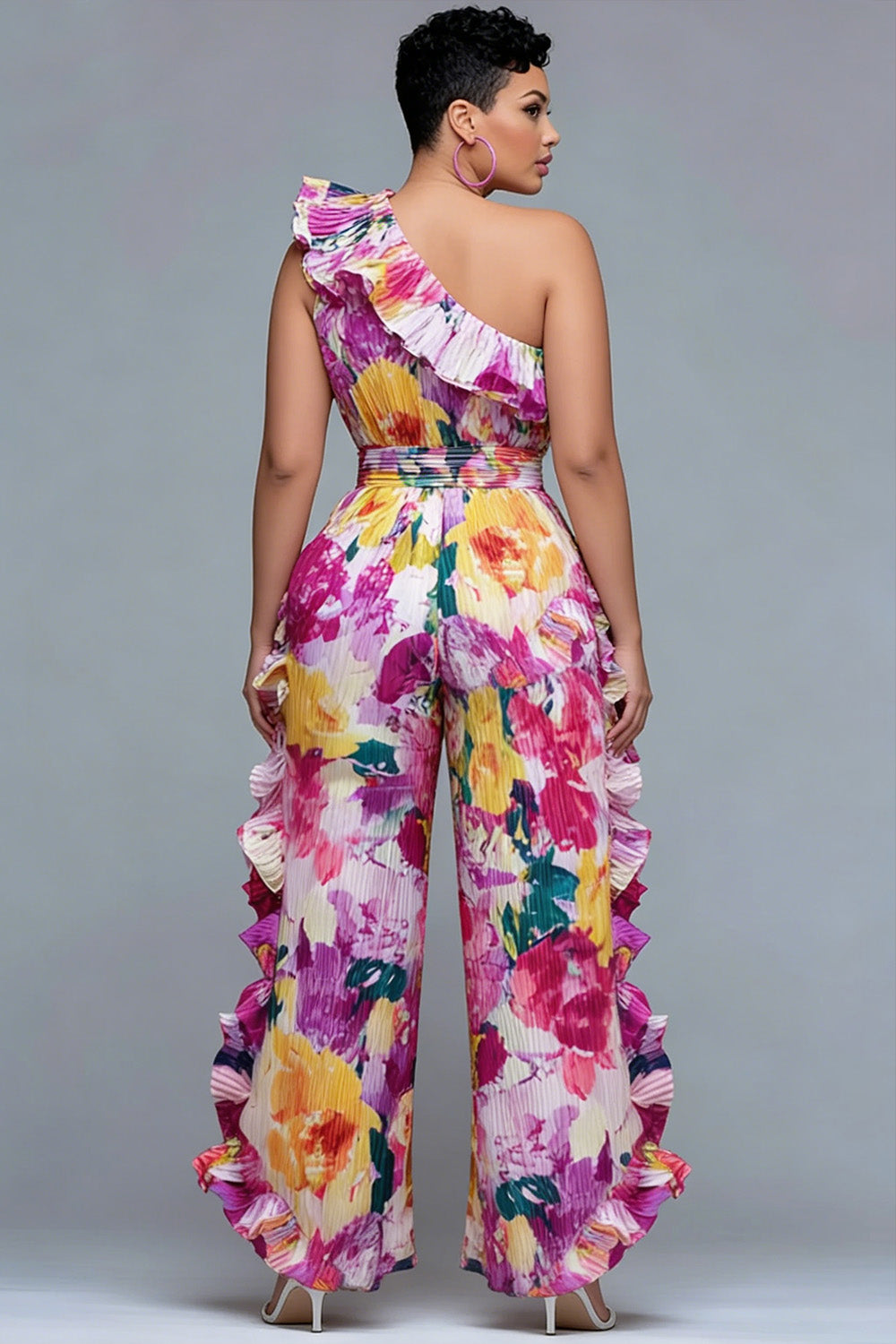 Xpluswear Design Plus Size Vacation Pink Floral One Shoulder Ruffle Pocket Jumpsuits