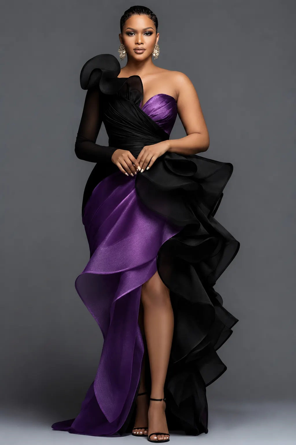 Xpluswear Design Plus Size Formal Gold Oblique Collar One Shoulder Long Sleeve Ruffle Elegant Asymmetric Hem Irregular Hem Maxi Dresses
