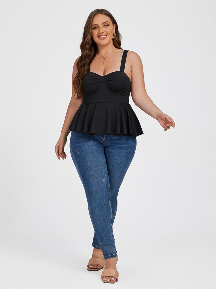 Plus Black Ruched Ruffle Hem Tanktop