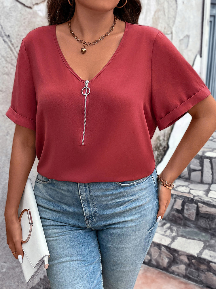 Plus Zipper Front V-Neck Batwing Sleeve Blouse