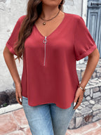 Plus Zipper Front V-Neck Batwing Sleeve Blouse