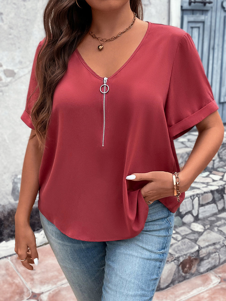 Plus Zipper Front V-Neck Batwing Sleeve Blouse