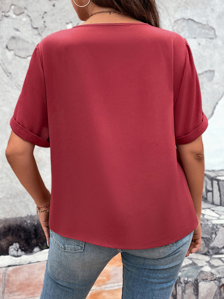 Plus Zipper Front V-Neck Batwing Sleeve Blouse
