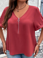 Plus Zipper Front V-Neck Batwing Sleeve Blouse
