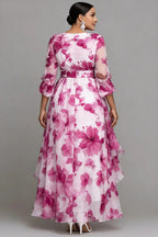 Xpluswear Design Plus Size Wedding Guest Purple Floral Round Neck 3/4 Sleeve Asymmetric Hem Irregular Hem See Through Organza Midi Dresses
