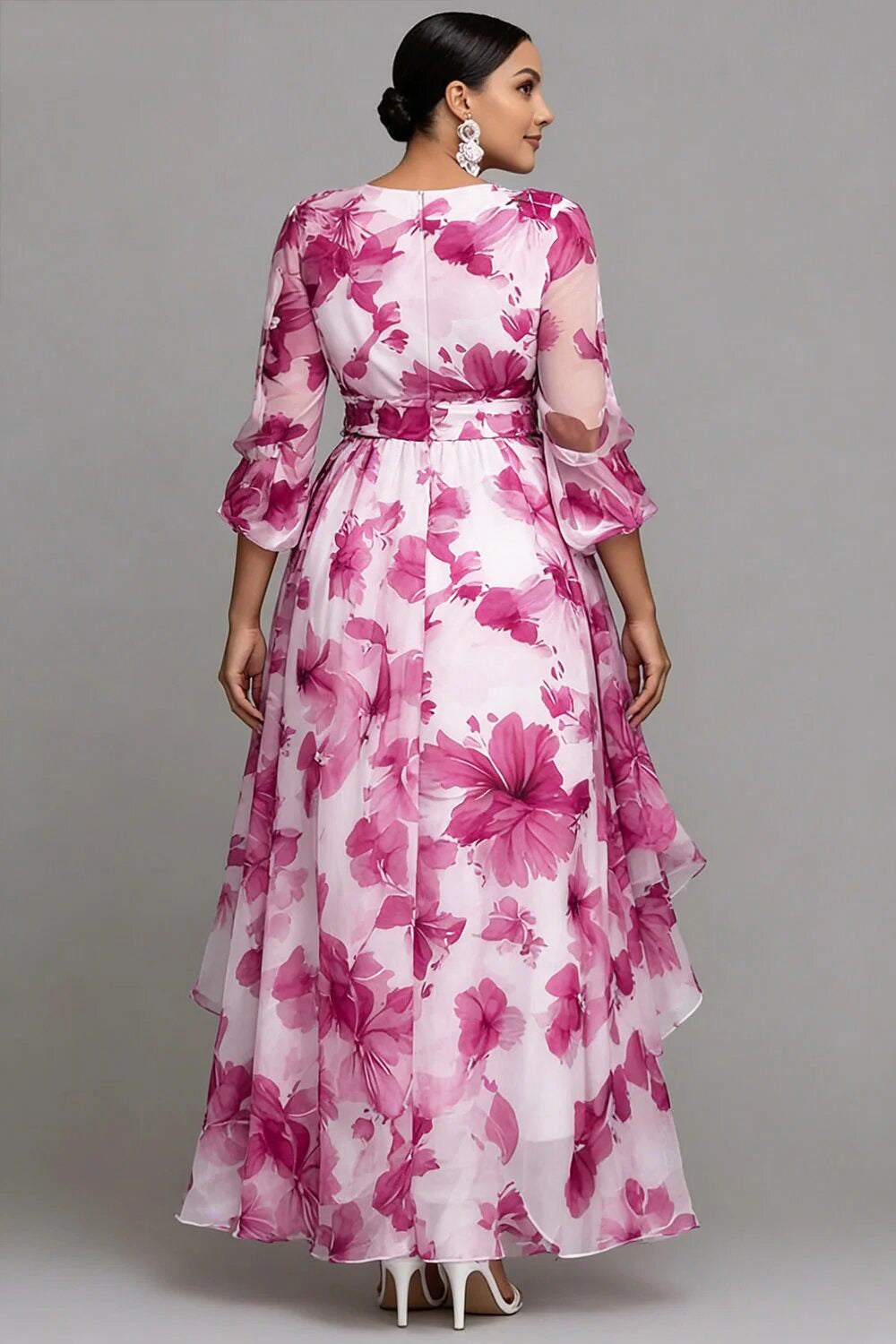 Xpluswear Design Plus Size Wedding Guest Purple Floral Round Neck 3/4 Sleeve Asymmetric Hem Irregular Hem See Through Organza Midi Dresses
