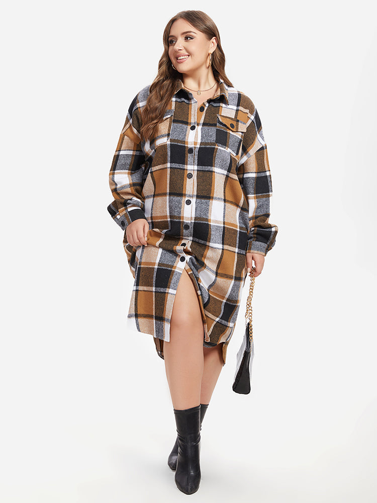 Plaid Print Drop Shoulder Flap Pocket Coat