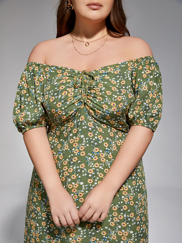 VIP Plus Sage Green Off-Shoulder Ruched Tie Front Midi Dress