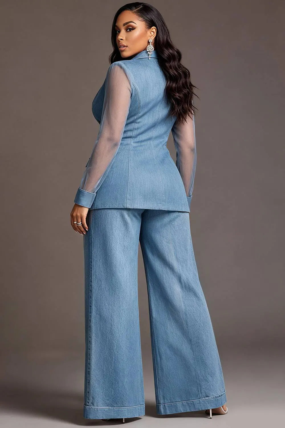 Xpluswear Design Plus Size Formal Organza Blue Lapel Collar Long Sleeve See Through Contrast Denim Two Piece Pant Suits [Pre-Order]
