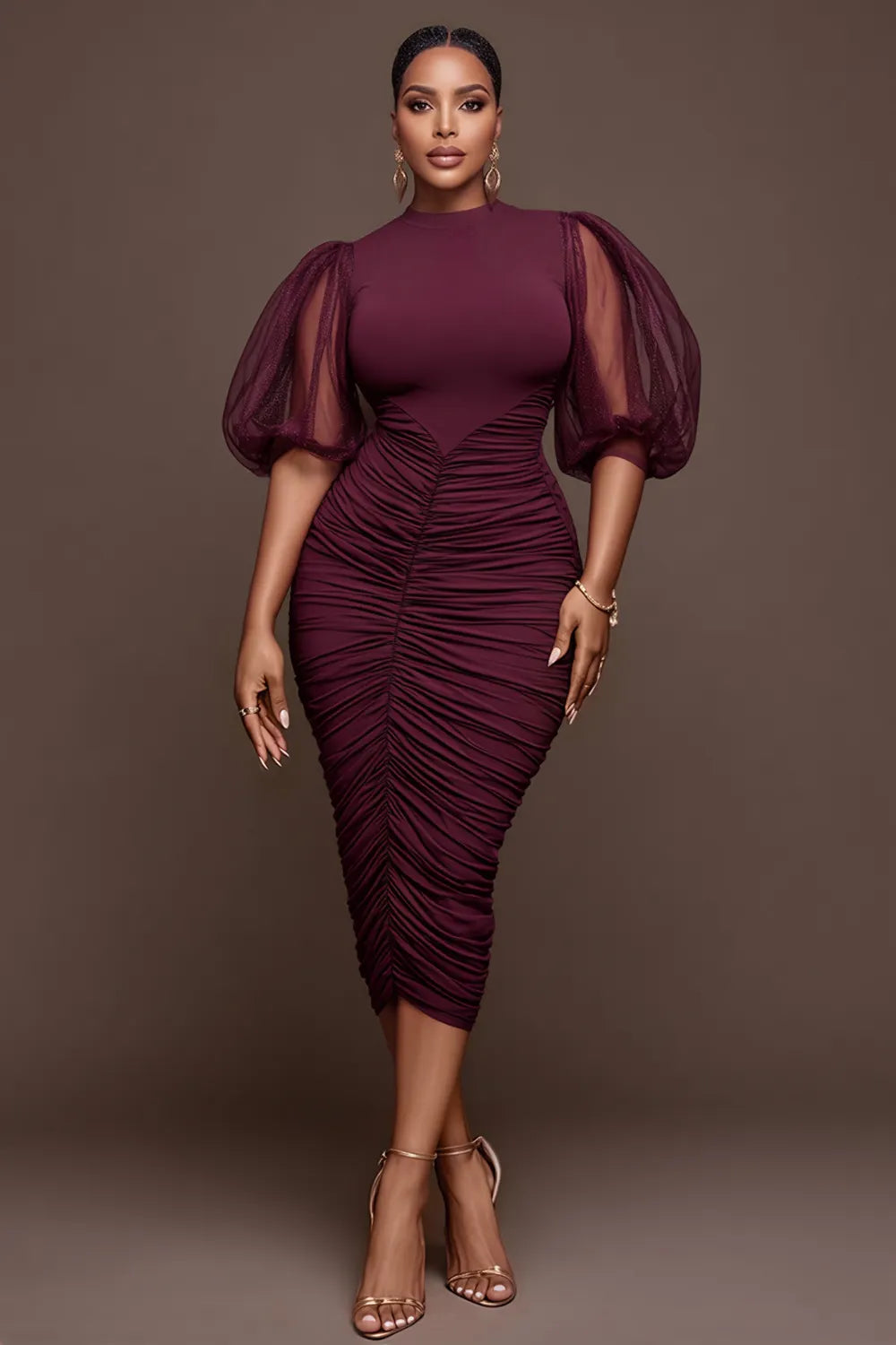 Xpluswear Design Plus Size Cocktail Party Burgundy Round Neck Puff Sleeve Short Sleeve Fold Bodycon Tulle Midi Dresses