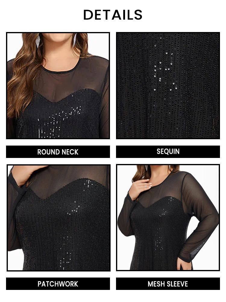 Contrast Mesh Sleeve Sequin Midi Dress