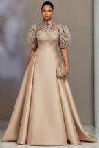 Xpluswear Design Plus Size Formal Satin Champagne Stand-Up Collar Puff Sleeve Short Sleeve Pleated Contrast Lace Maxi Dresses