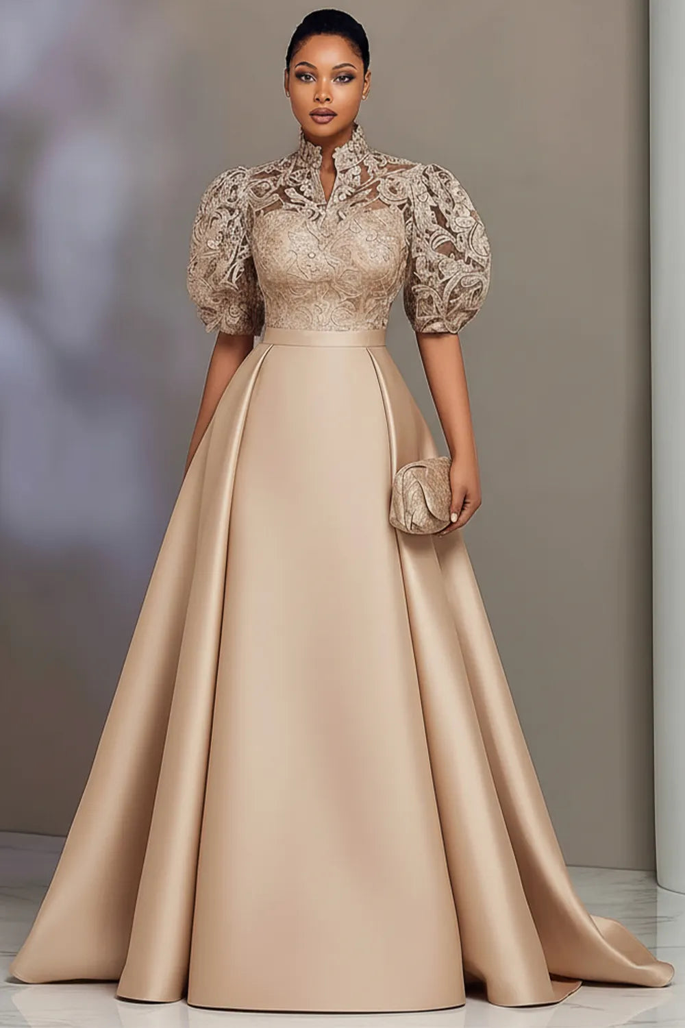 Xpluswear Design Plus Size Formal Satin Champagne Stand-Up Collar Puff Sleeve Short Sleeve Pleated Contrast Lace Maxi Dresses