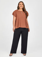 Plus Brown Ruffle Sleeve Tee