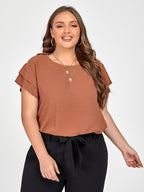 Plus Brown Ruffle Sleeve Tee