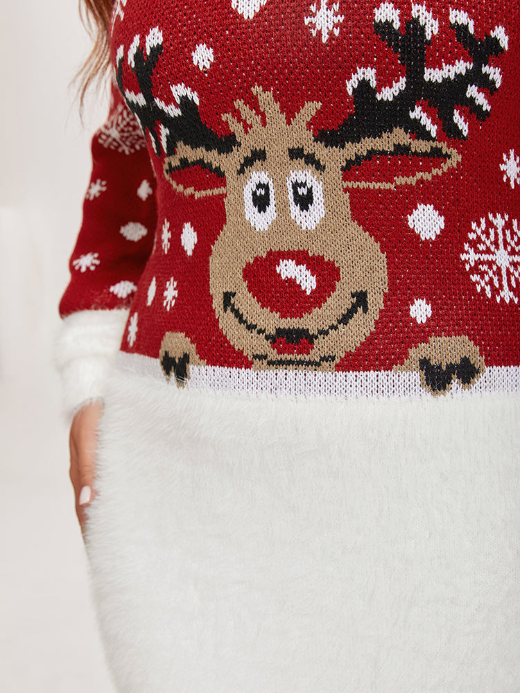 VIP Christmas Elk Pattern Fuzzy Trim Sweater Dress