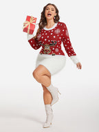 VIP Christmas Elk Pattern Fuzzy Trim Sweater Dress
