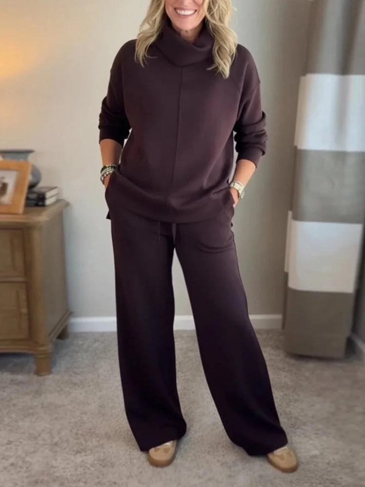 Solid High-Neck Tops & Loose Wide Leg Pants Set