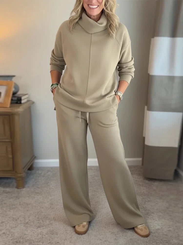 Solid High-Neck Tops & Loose Wide Leg Pants Set