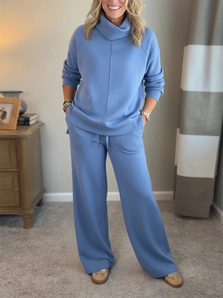 Solid High-Neck Tops & Loose Wide Leg Pants Set