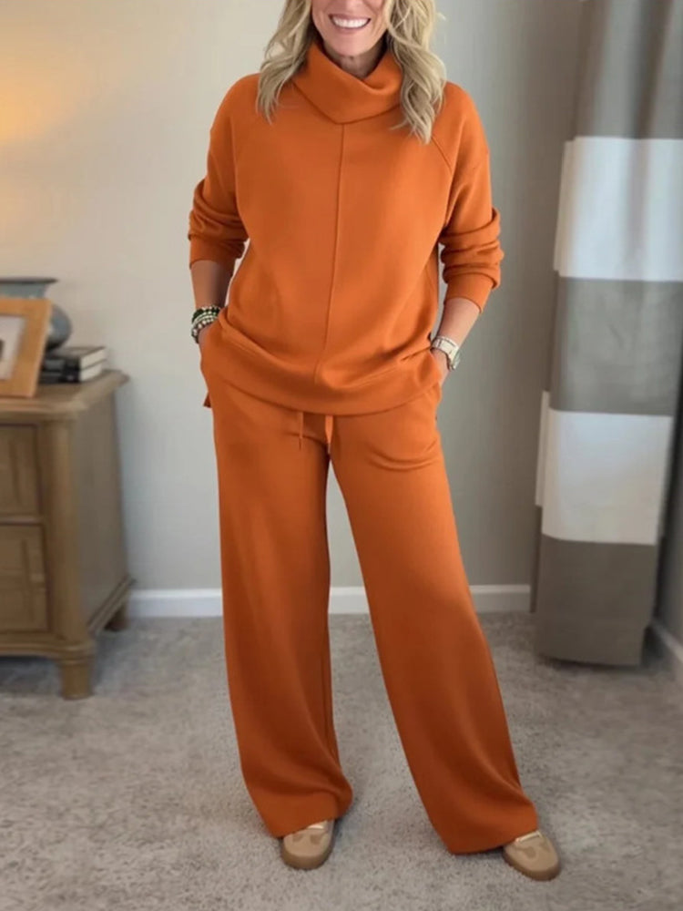 Solid High-Neck Tops & Loose Wide Leg Pants Set