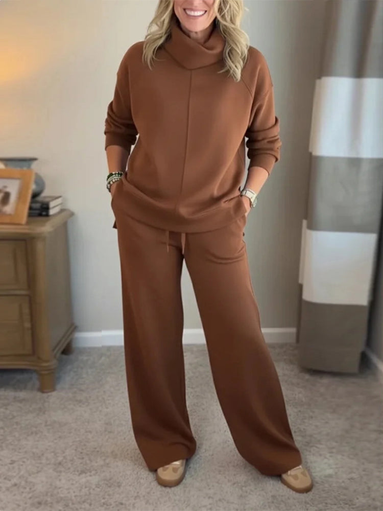 Solid High-Neck Tops & Loose Wide Leg Pants Set
