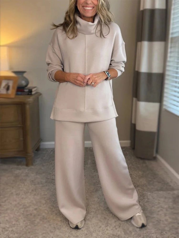 Solid High-Neck Tops & Loose Wide Leg Pants Set