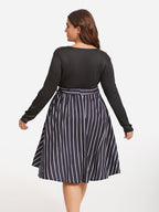 Striped Print Square Neck Belted Midi Dress