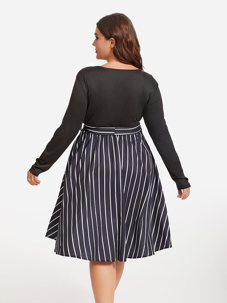 Striped Print Square Neck Belted Midi Dress