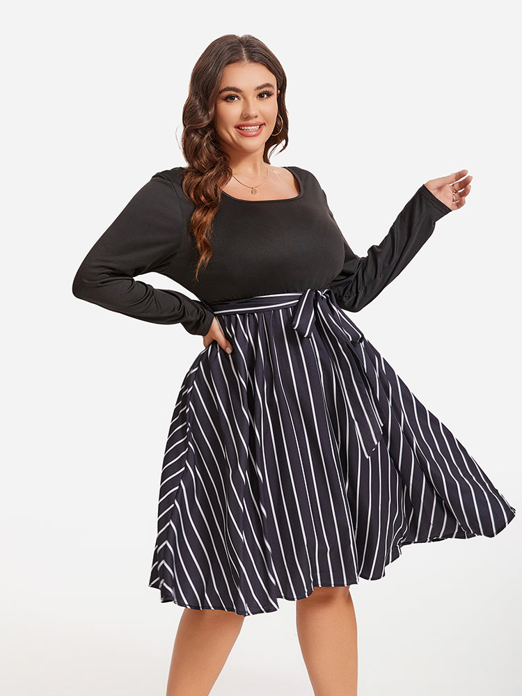 Striped Print Square Neck Belted Midi Dress