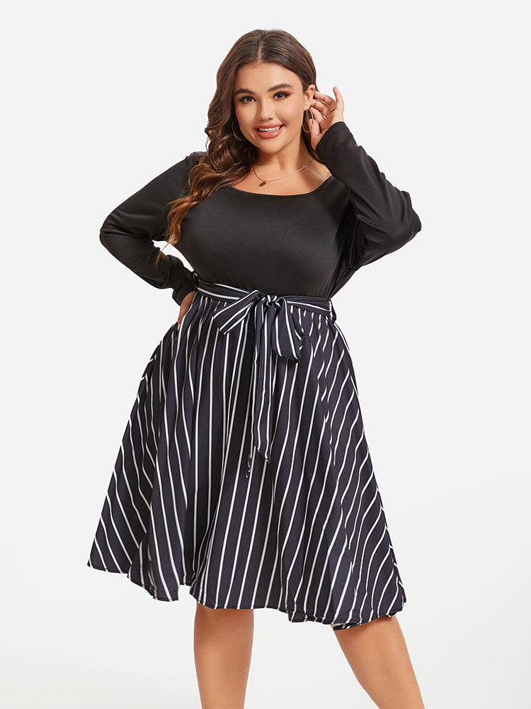 Striped Print Square Neck Belted Midi Dress