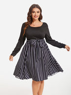 Striped Print Square Neck Belted Midi Dress