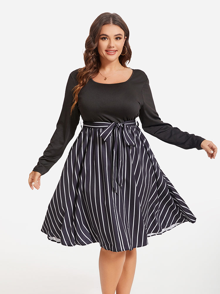 Striped Print Square Neck Belted Midi Dress