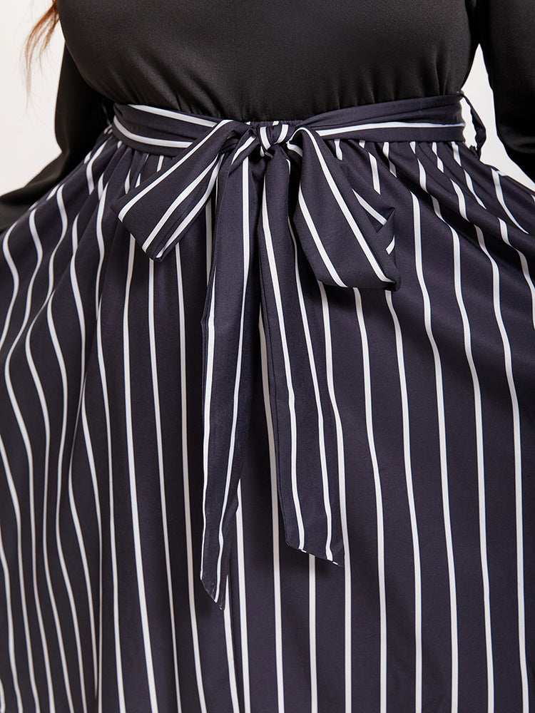 Striped Print Square Neck Belted Midi Dress