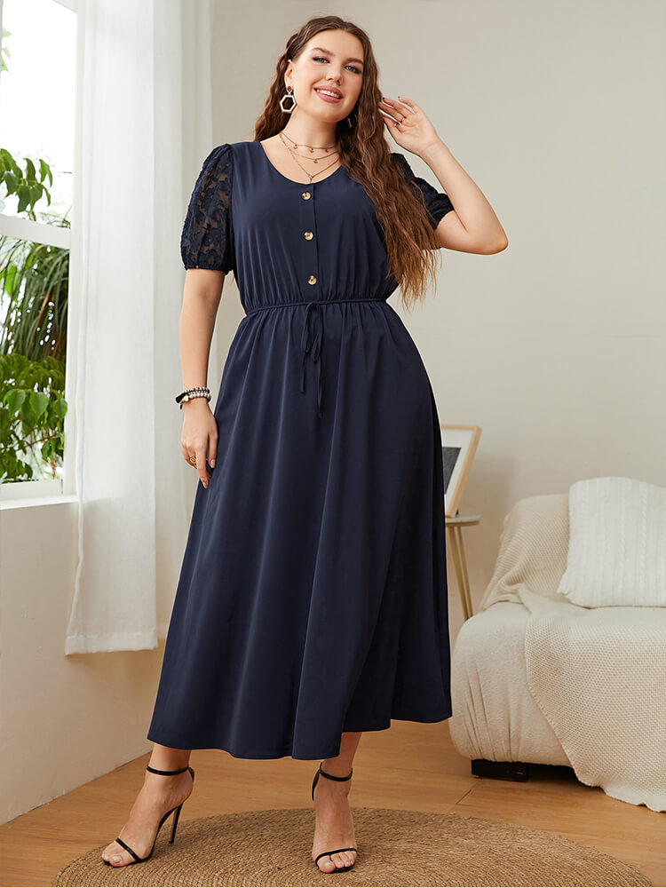 Plus Lace Patchwork Round Neck Button Front Elastic Waist Wrap Maxi Dress