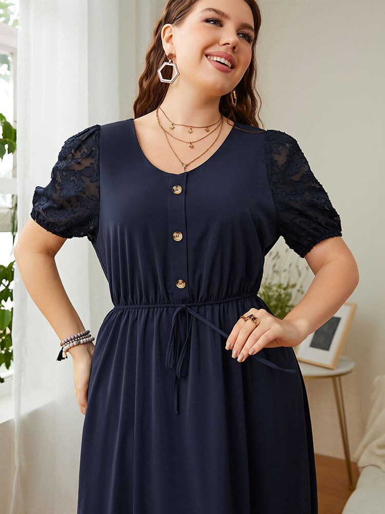 Plus Lace Patchwork Round Neck Button Front Elastic Waist Wrap Maxi Dress