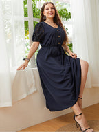 Plus Lace Patchwork Round Neck Button Front Elastic Waist Wrap Maxi Dress