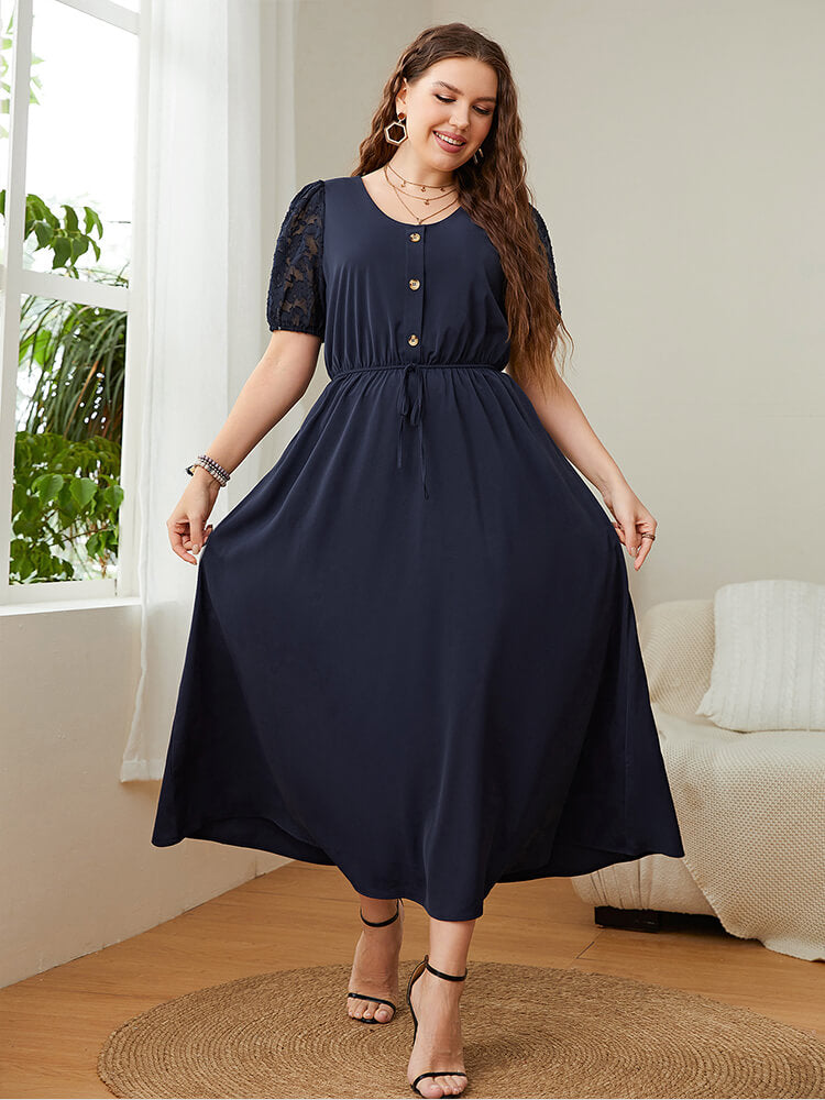 Plus Lace Patchwork Round Neck Button Front Elastic Waist Wrap Maxi Dress
