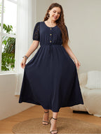 Plus Lace Patchwork Round Neck Button Front Elastic Waist Wrap Maxi Dress