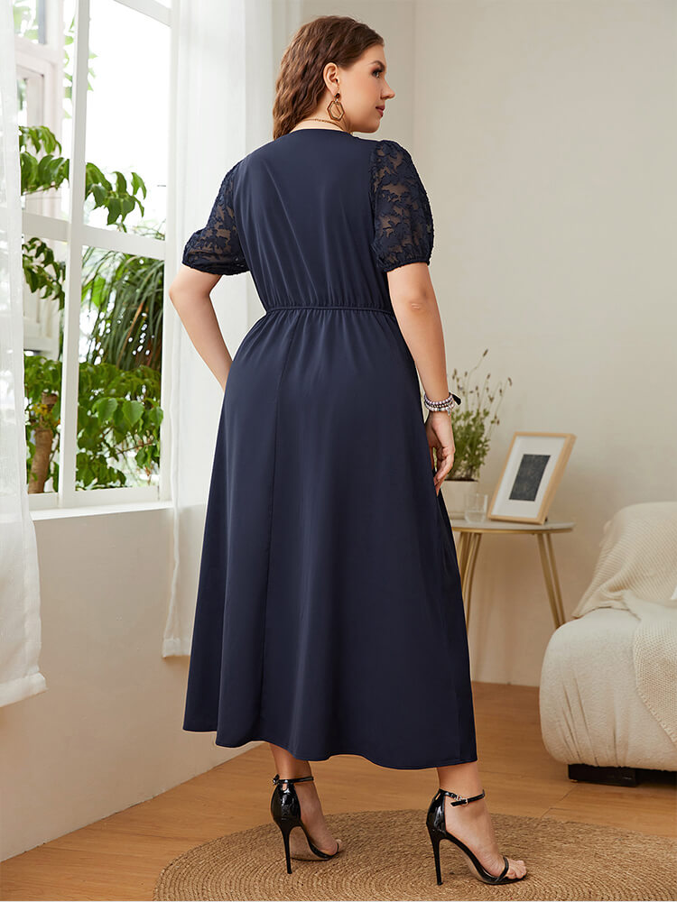 Plus Lace Patchwork Round Neck Button Front Elastic Waist Wrap Maxi Dress