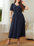 Plus Lace Patchwork Round Neck Button Front Elastic Waist Wrap Maxi Dress