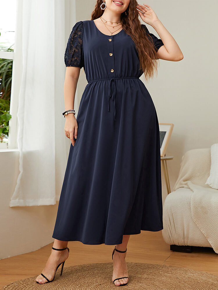 Plus Lace Patchwork Round Neck Button Front Elastic Waist Wrap Maxi Dress