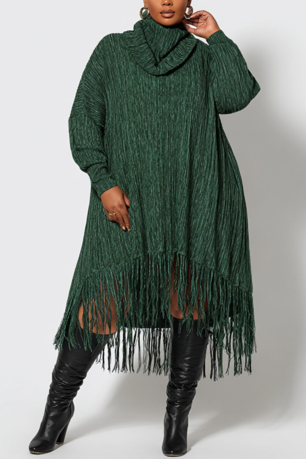 Xpluswear Design Plus Size Daily Green High Collar Long Sleeve Split Casual Pocket Midi Dresses